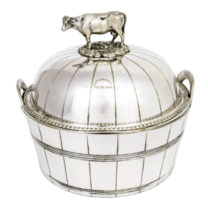 Victorian silver plated novelty dome lidded butter dish/ cheese strainer with cow finial