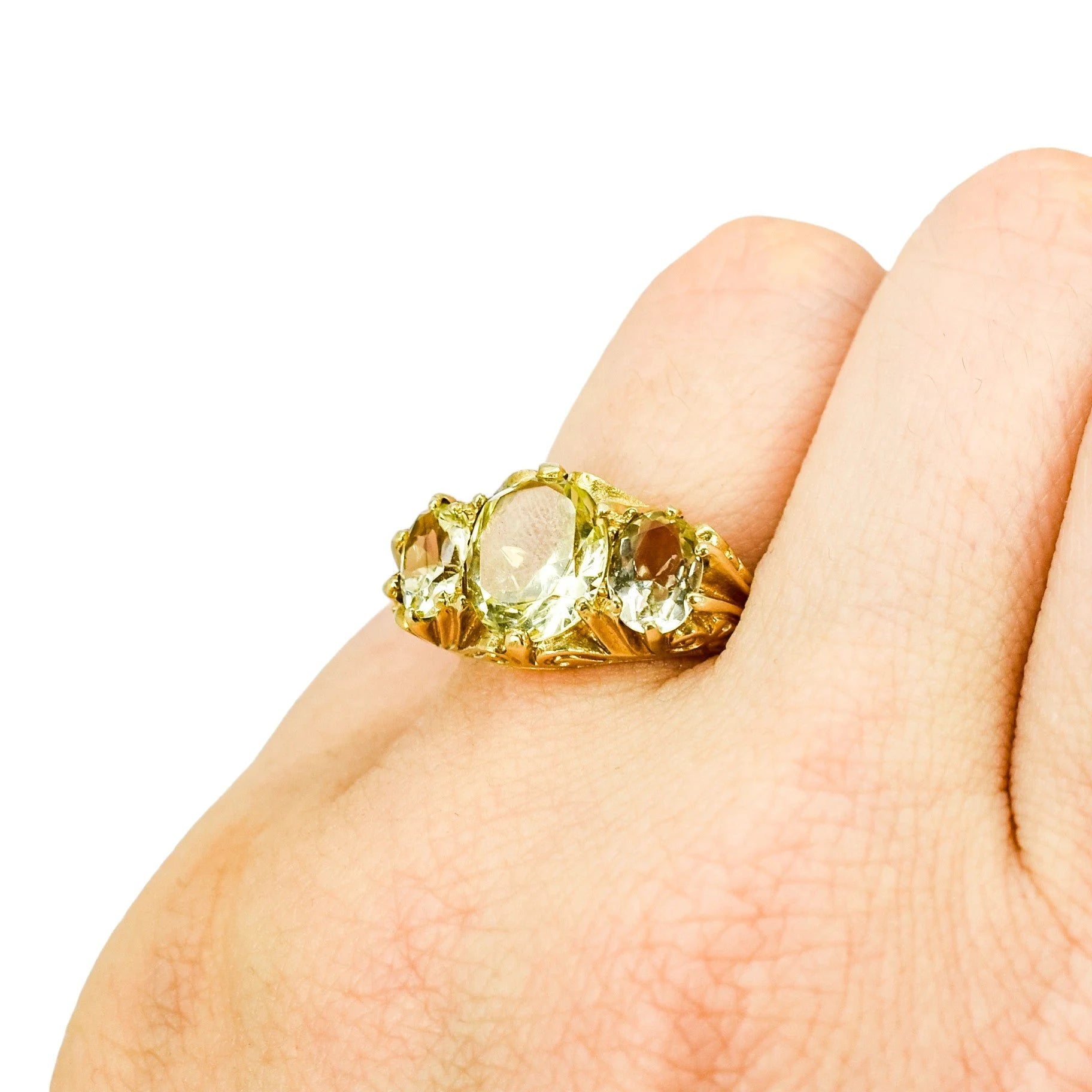 1970's 9ct yellow gold lemon citrine statement trilogy ring, size N ½