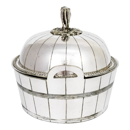 Victorian silver plated novelty dome lidded butter dish/ cheese strainer with cow finial