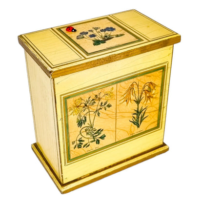 Georgian style rustic painted yellow wood storage box with pull out tray and ladybird