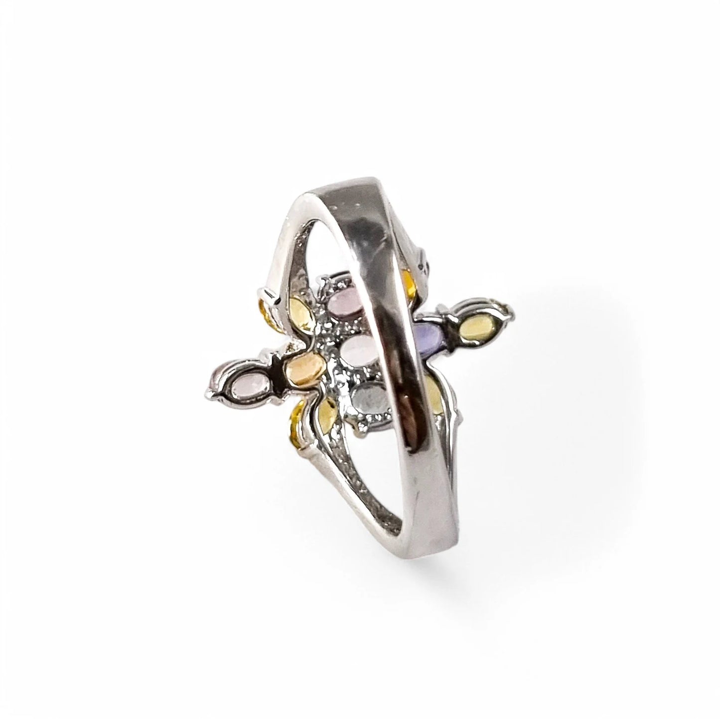 2ct multicolour sapphire 9ct white gold cluster ring, six-colour floral design, N 1/2