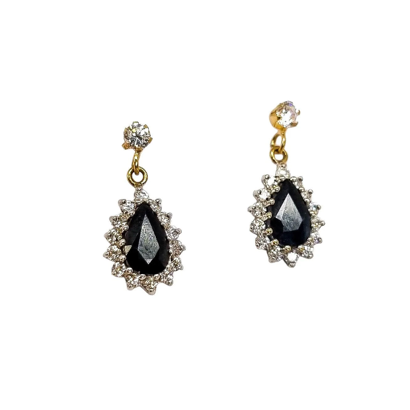 Elegant 9ct yellow gold teardrop sapphire dangle cluster halo earrings and pendant set