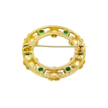 Vintage 9ct gold round openwork brooch / lace pin set with pearl flowers and emeralds