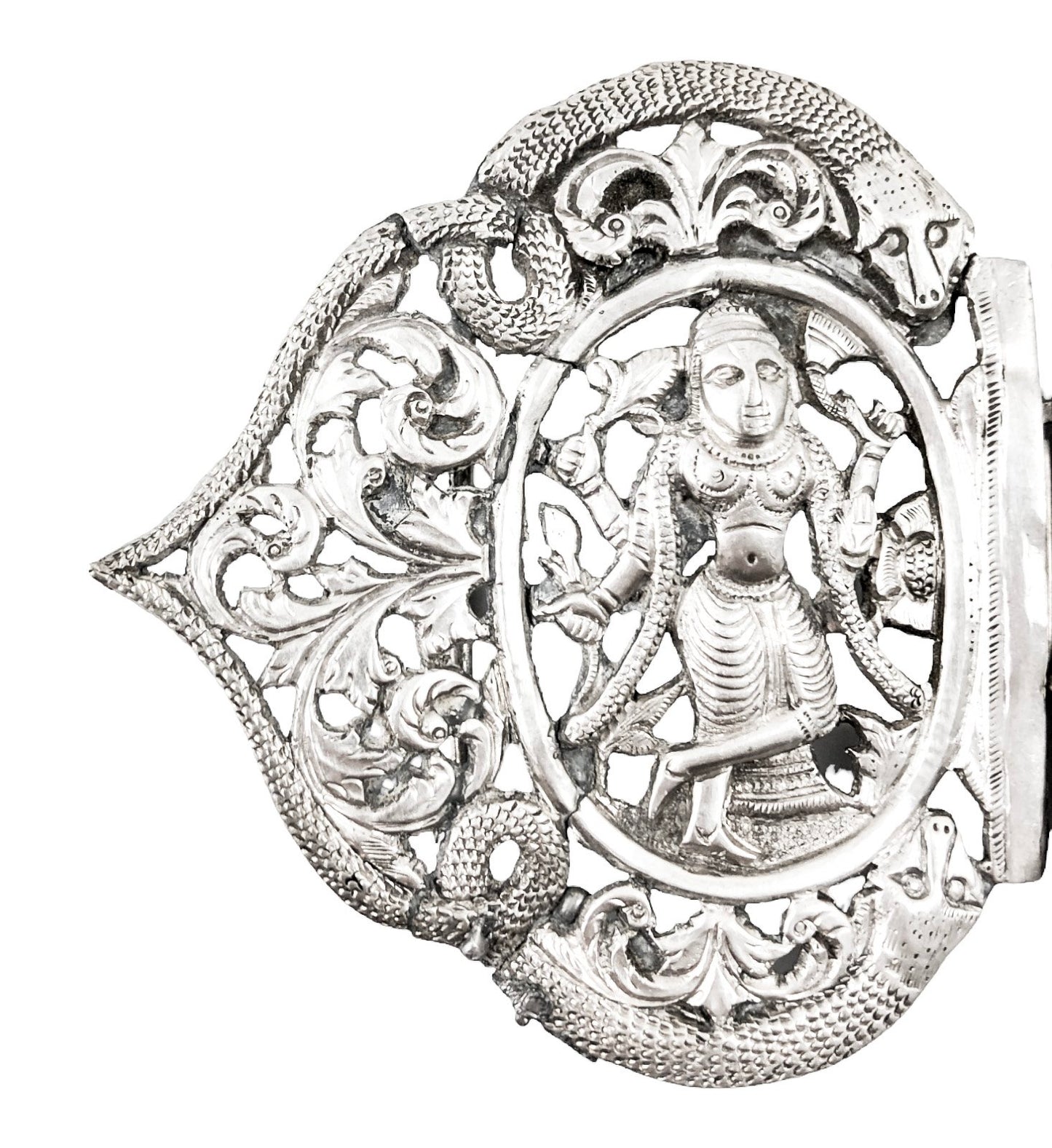 Indian / Burmese Colonial silver belt buckle with deities, snakes and foliage