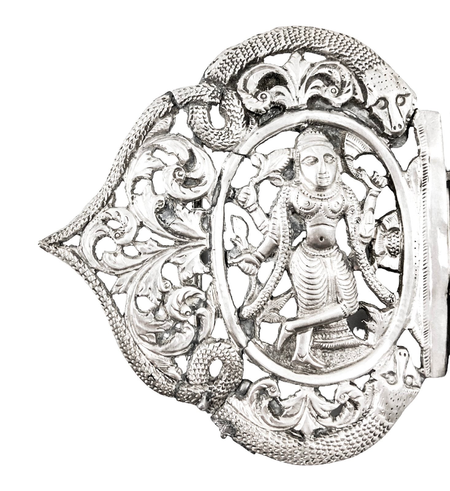 Indian / Burmese Colonial silver belt buckle with deities, snakes and foliage