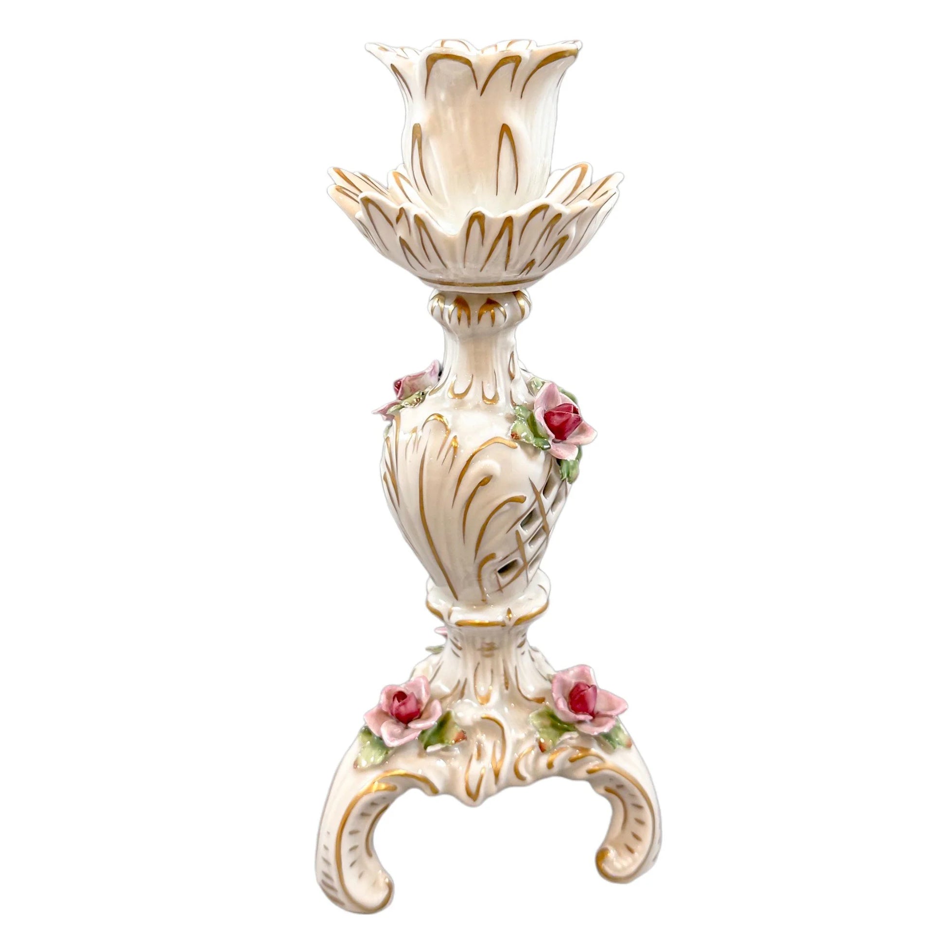 Vintage German porcelain Plaue Schierholz floral candlestick in Rococo style