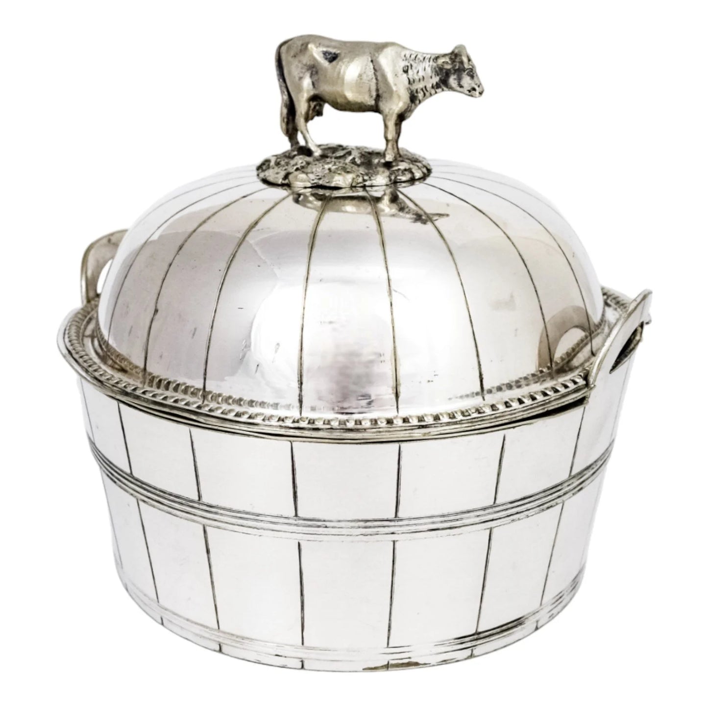 Victorian silver plated novelty dome lidded butter dish/ cheese strainer with cow finial