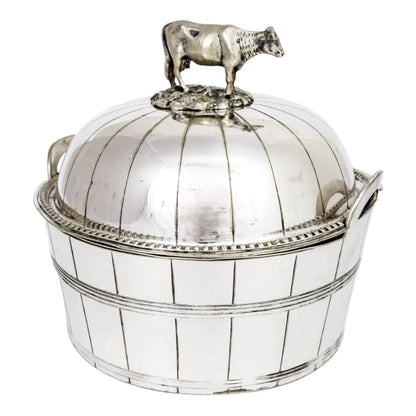 Victorian silver plated novelty dome lidded butter dish/ cheese strainer with cow finial