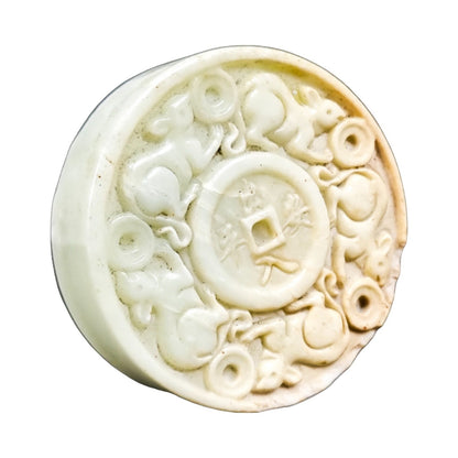 Chinese pale jade carved roundel depicting mice in pursuit