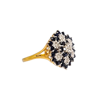 Large vintage sapphire, diamond 9kt yellow gold dome cluster cocktail ring, size R ½