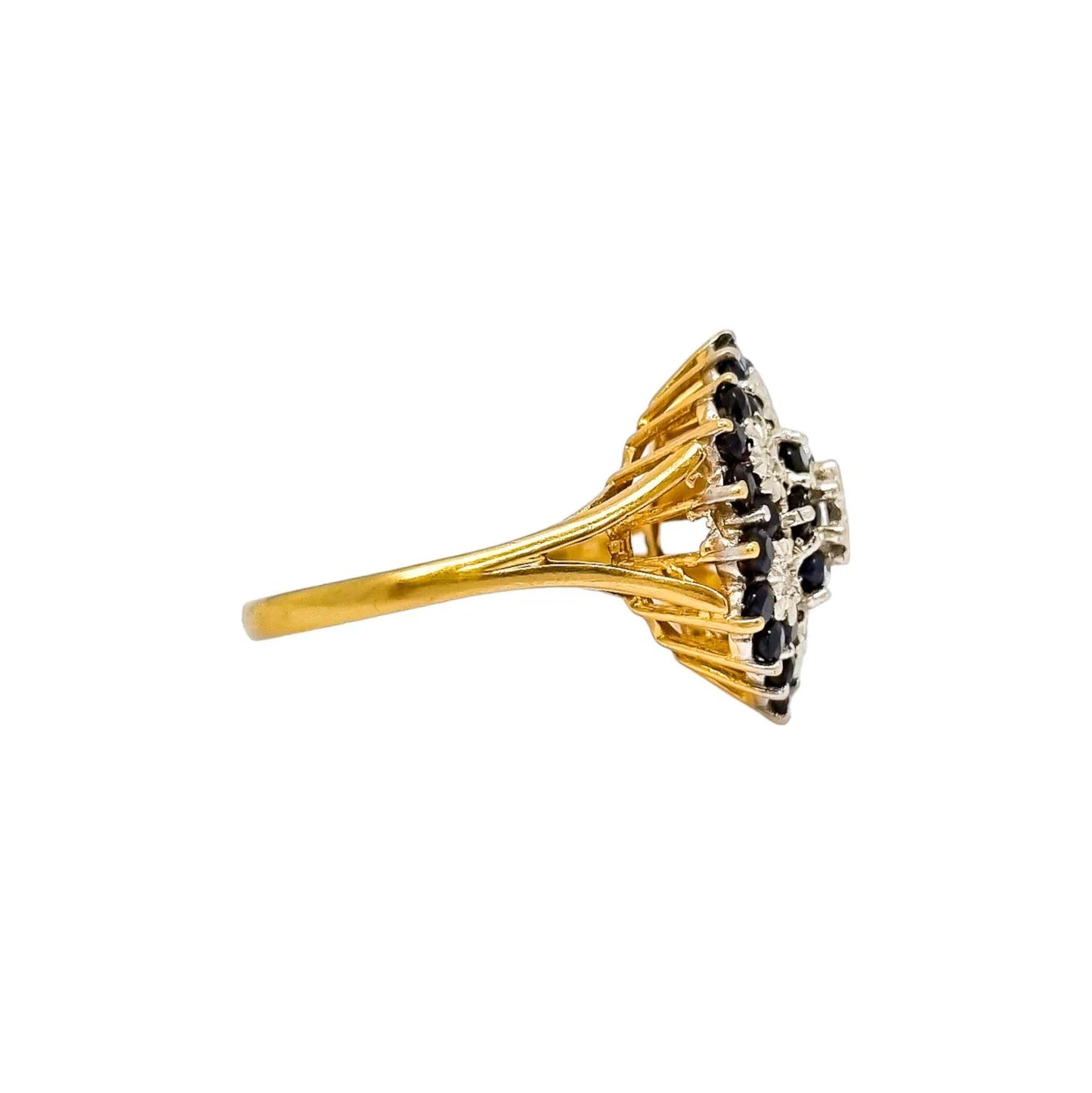 Large vintage sapphire, diamond 9kt yellow gold dome cluster cocktail ring, size R ½