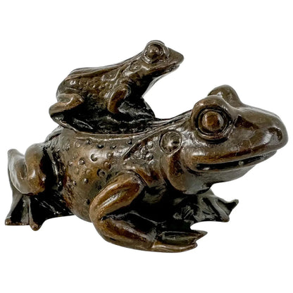 Japanese bronze group sculpture of a frog and baby frog on its back