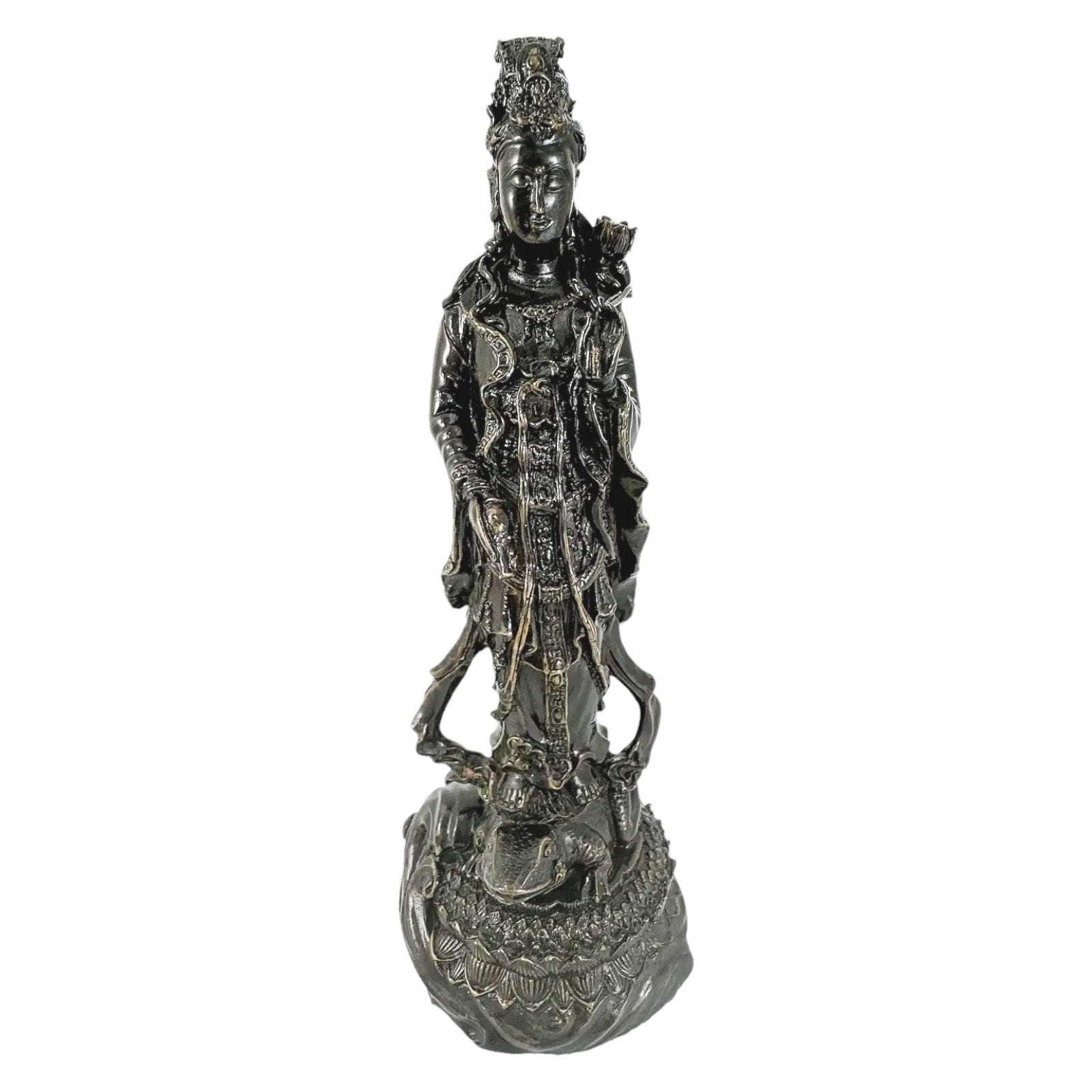 Chinese bronze tall statue of Guanyin resting on frog on lotus flower