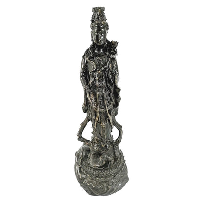 Chinese bronze tall statue of Guanyin resting on frog on lotus flower