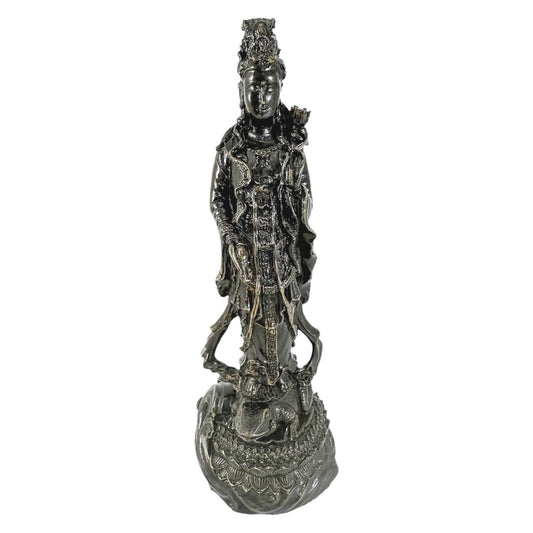 Chinese bronze tall statue of Guanyin resting on frog on lotus flower