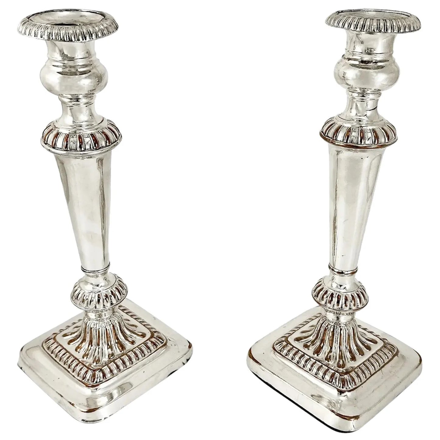 George III Old Sheffield plate pair of large candlesticks on square bases