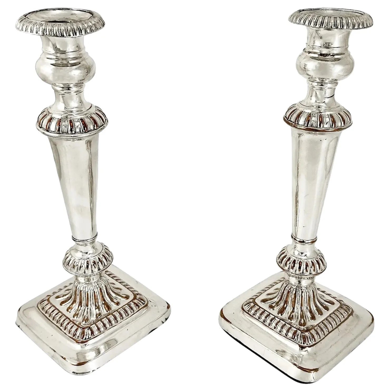 George III Old Sheffield plate pair of large candlesticks on square bases