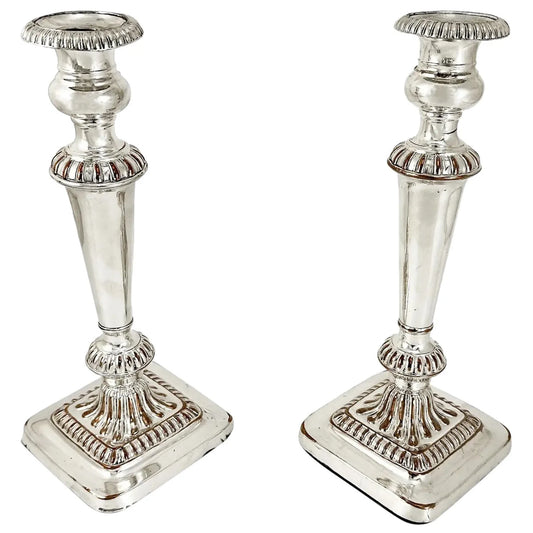 George III Old Sheffield plate pair of large candlesticks on square bases