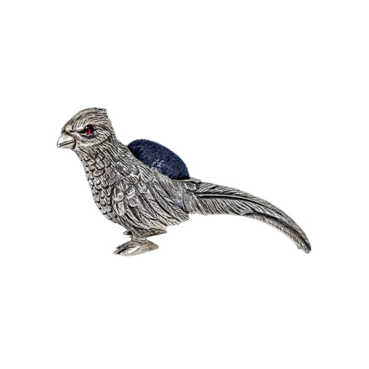 Edwardian style sterling silver bird pheasant pin cushion with ruby red eyes