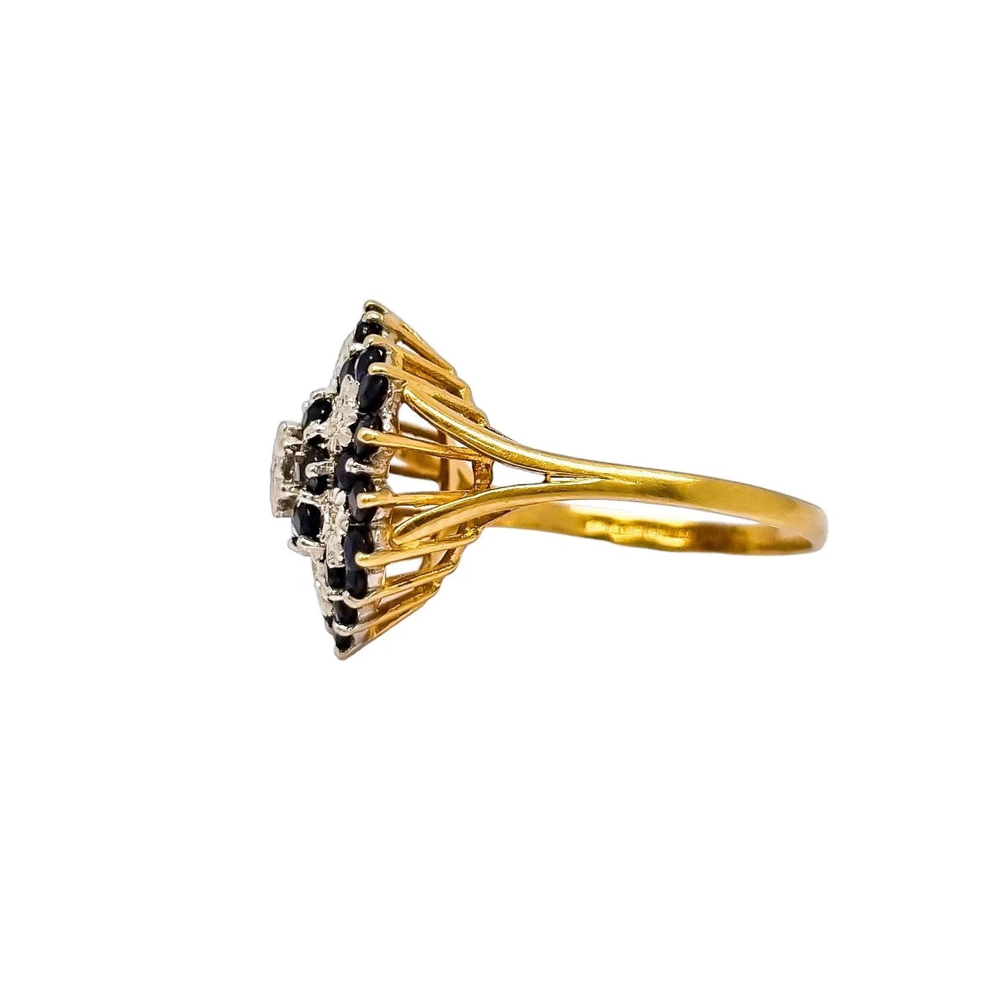Large vintage sapphire, diamond 9kt yellow gold dome cluster cocktail ring, size R ½