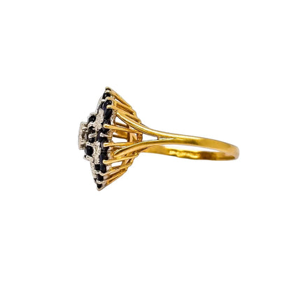 Large vintage sapphire, diamond 9kt yellow gold dome cluster cocktail ring, size R ½
