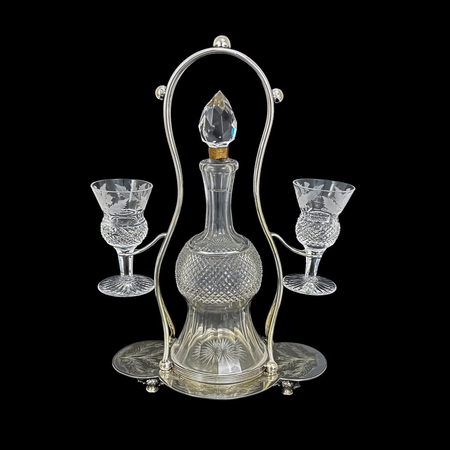 Victorian Edinburgh crystal 'Thistle' decanter set, 2 cordial glasses