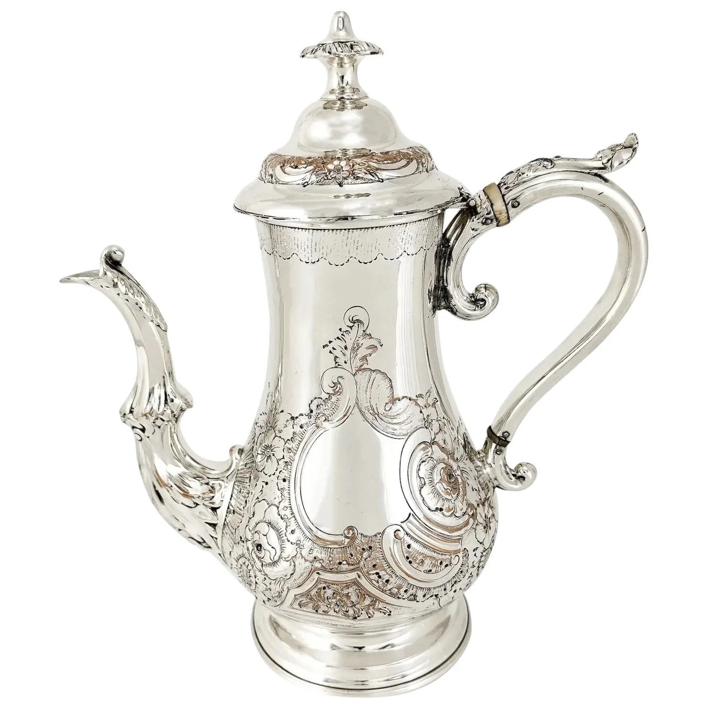 George III Old Sheffield plate large coffee pot, pear body, embossed scrolls and flowers