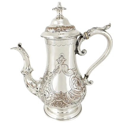 George III Old Sheffield plate large coffee pot, pear body, embossed scrolls and flowers