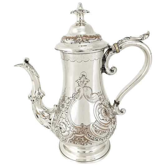 George III Old Sheffield plate large coffee pot, pear body, embossed scrolls and flowers