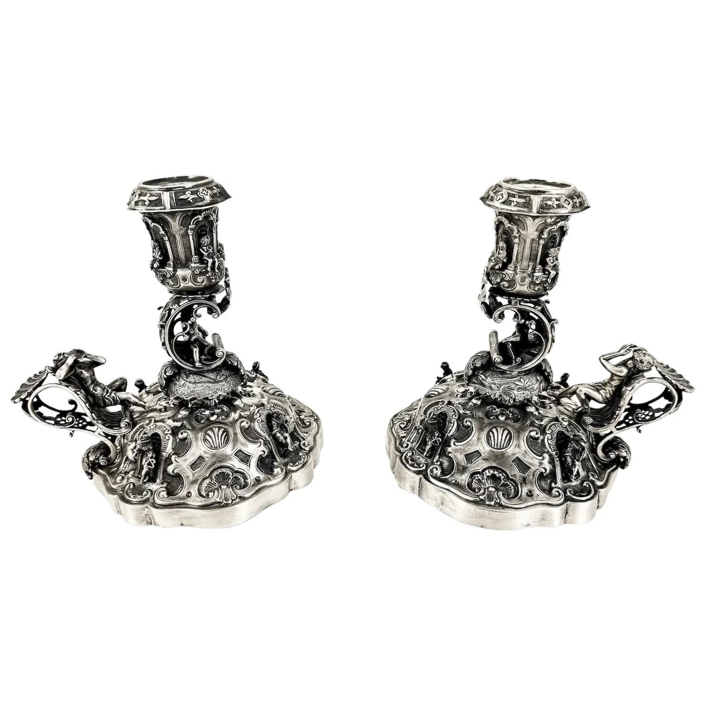 Renaissance Revival Hanau pair of large figural candlesticks with Pan and cherubs