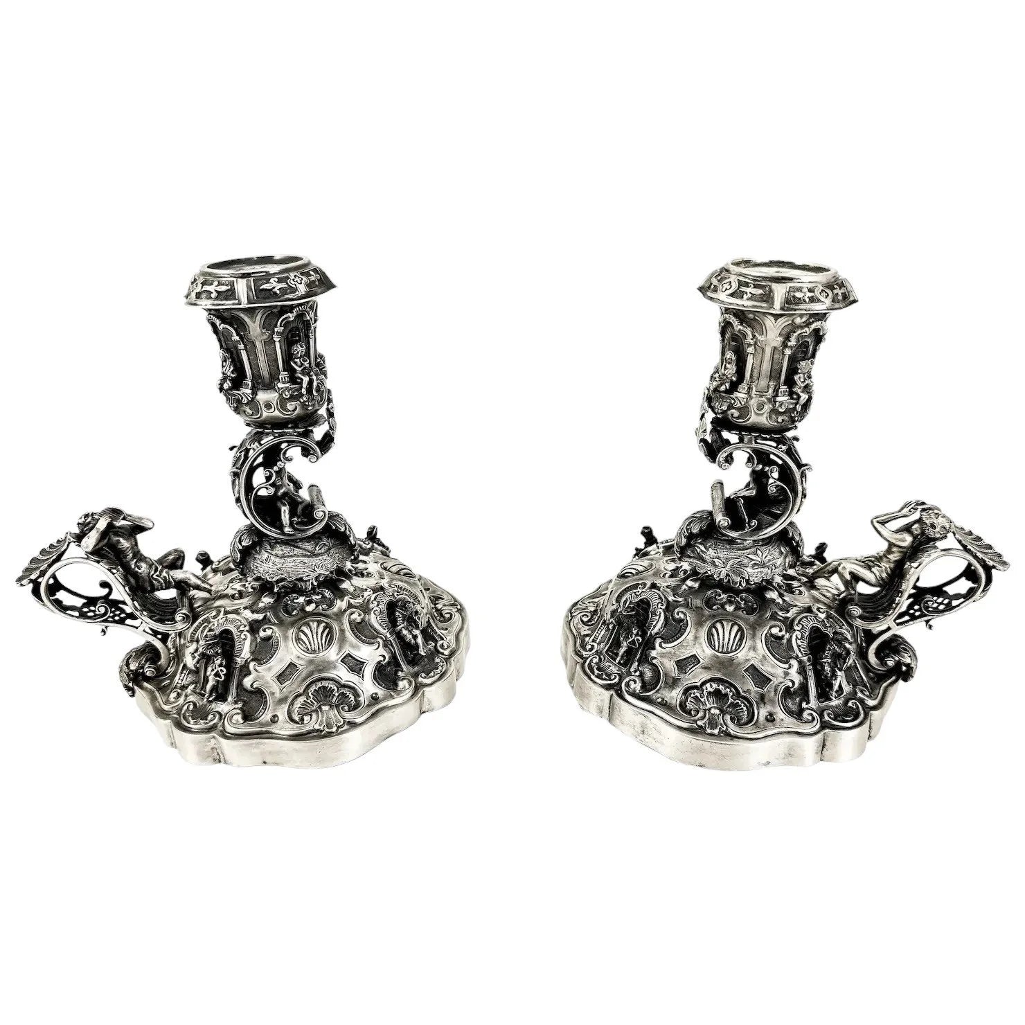 Renaissance Revival Hanau pair of large figural candlesticks with Pan and cherubs