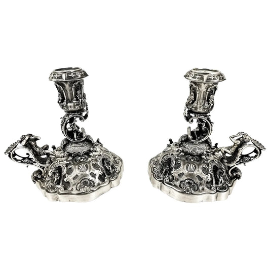 Renaissance Revival Hanau pair of large figural candlesticks with Pan and cherubs