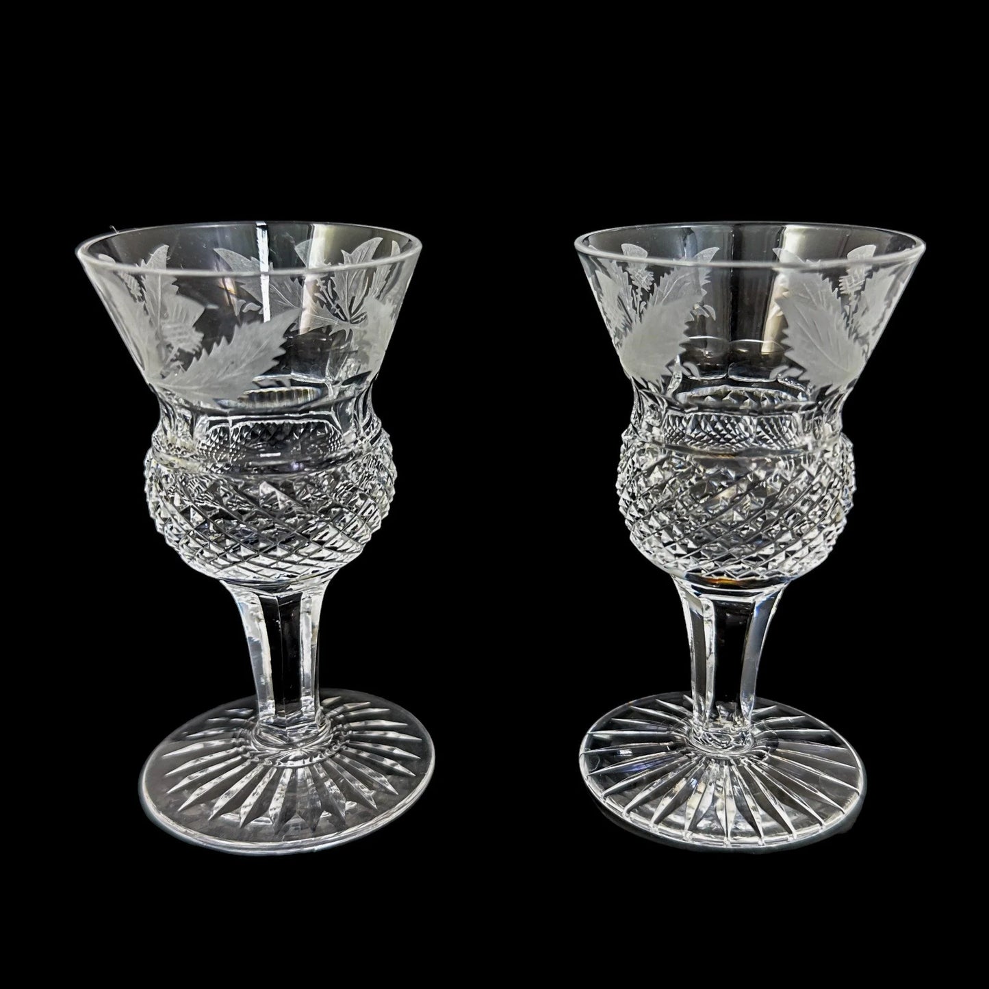 Victorian Edinburgh crystal 'Thistle' decanter set, 2 cordial glasses
