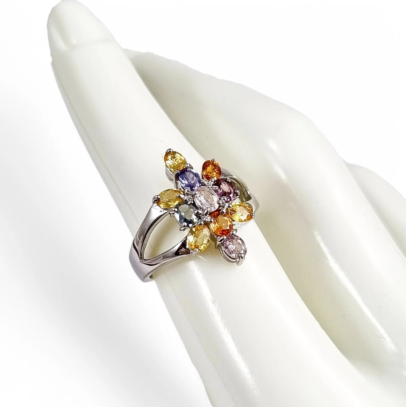 2ct multicolour sapphire 9ct white gold cluster ring, six-colour floral design, N 1/2
