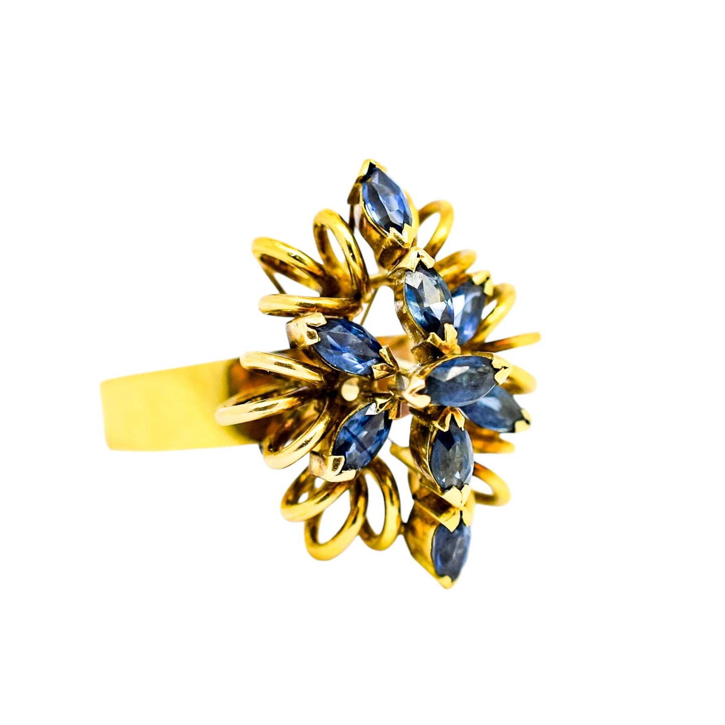 Vintage 14ct yellow gold sapphire navette floral cluster statement ring, 6.86g, M ½