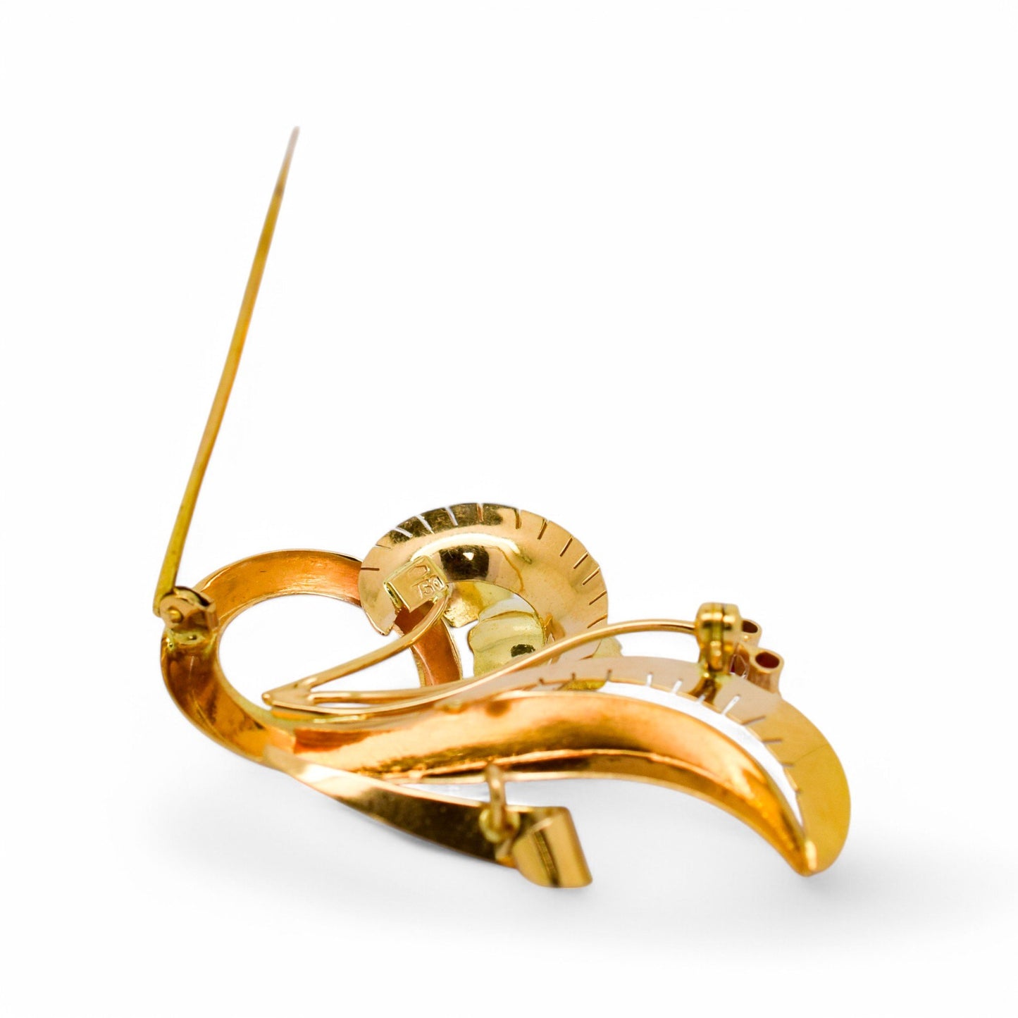 Vintage 1960's boxed Italian Varese 18ct gold floral spray brooch set with pink sapphires