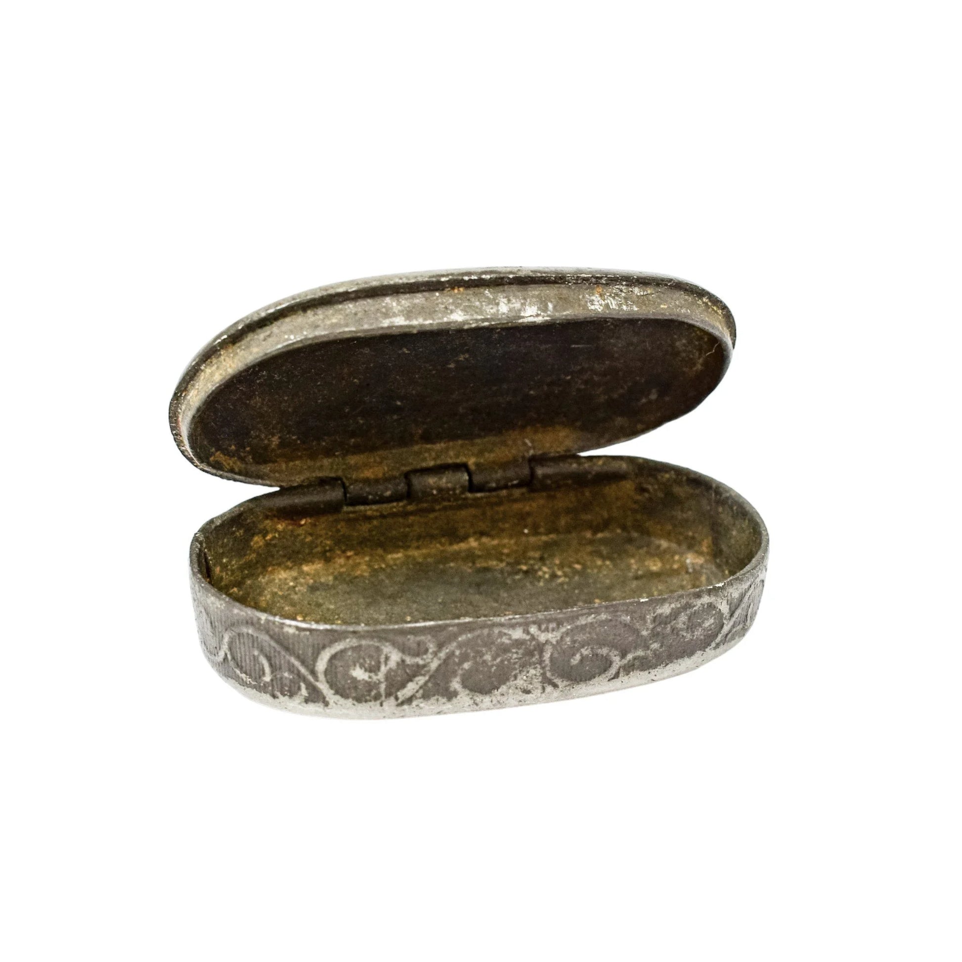 18th century Continental pewter snuff box engraved with scrolls and figures
