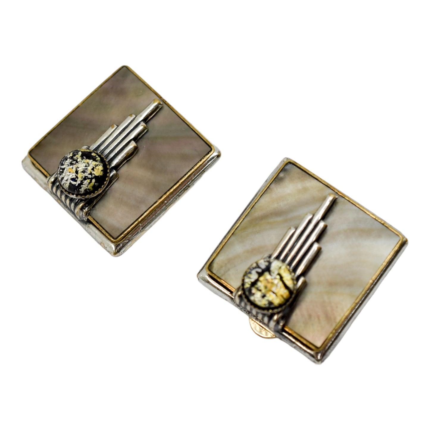 Vintage Ermani Bulatti Art Deco square statement mother-of-pearl ear clips