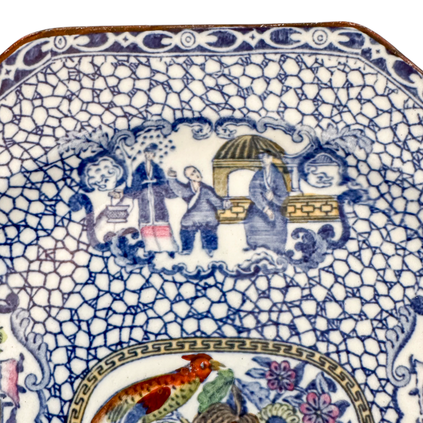 Art Deco Chinoiserie William Adams pair octagonal plates, Chinese Bird pattern