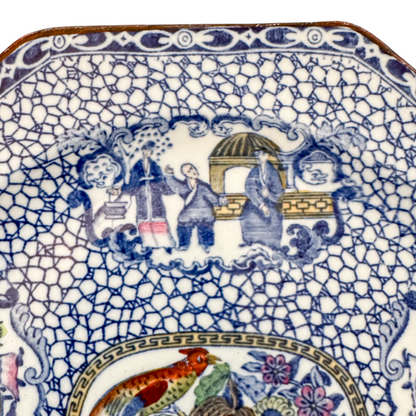 Art Deco Chinoiserie William Adams pair octagonal plates, Chinese Bird pattern