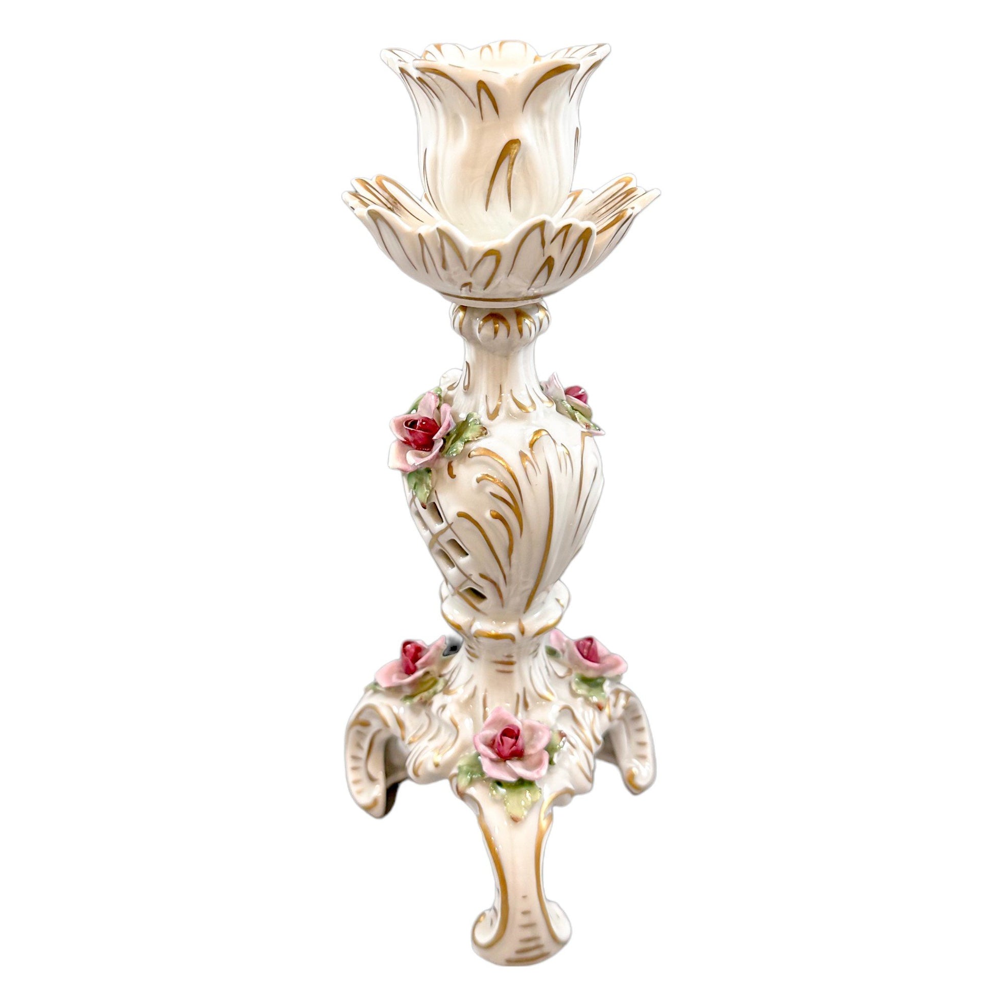 Vintage German porcelain Plaue Schierholz floral candlestick in Rococo style