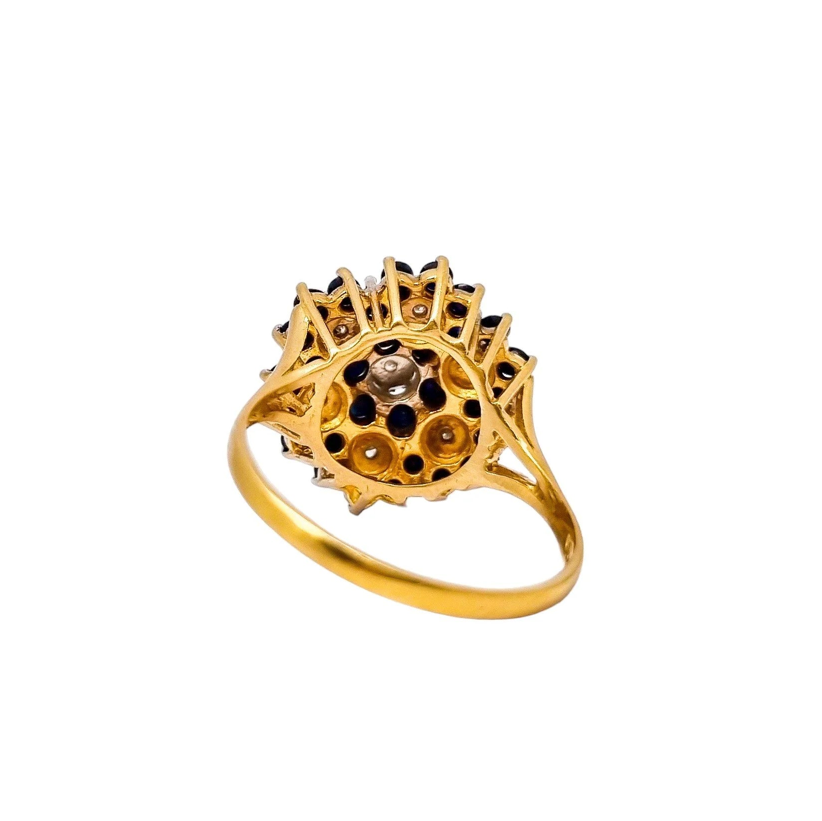 Large vintage sapphire, diamond 9kt yellow gold dome cluster cocktail ring, size R ½