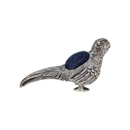 Edwardian style sterling silver bird pheasant pin cushion with ruby red eyes