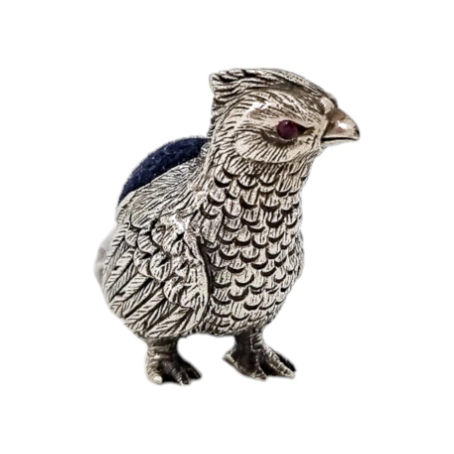 Edwardian style sterling silver bird pheasant pin cushion with ruby red eyes