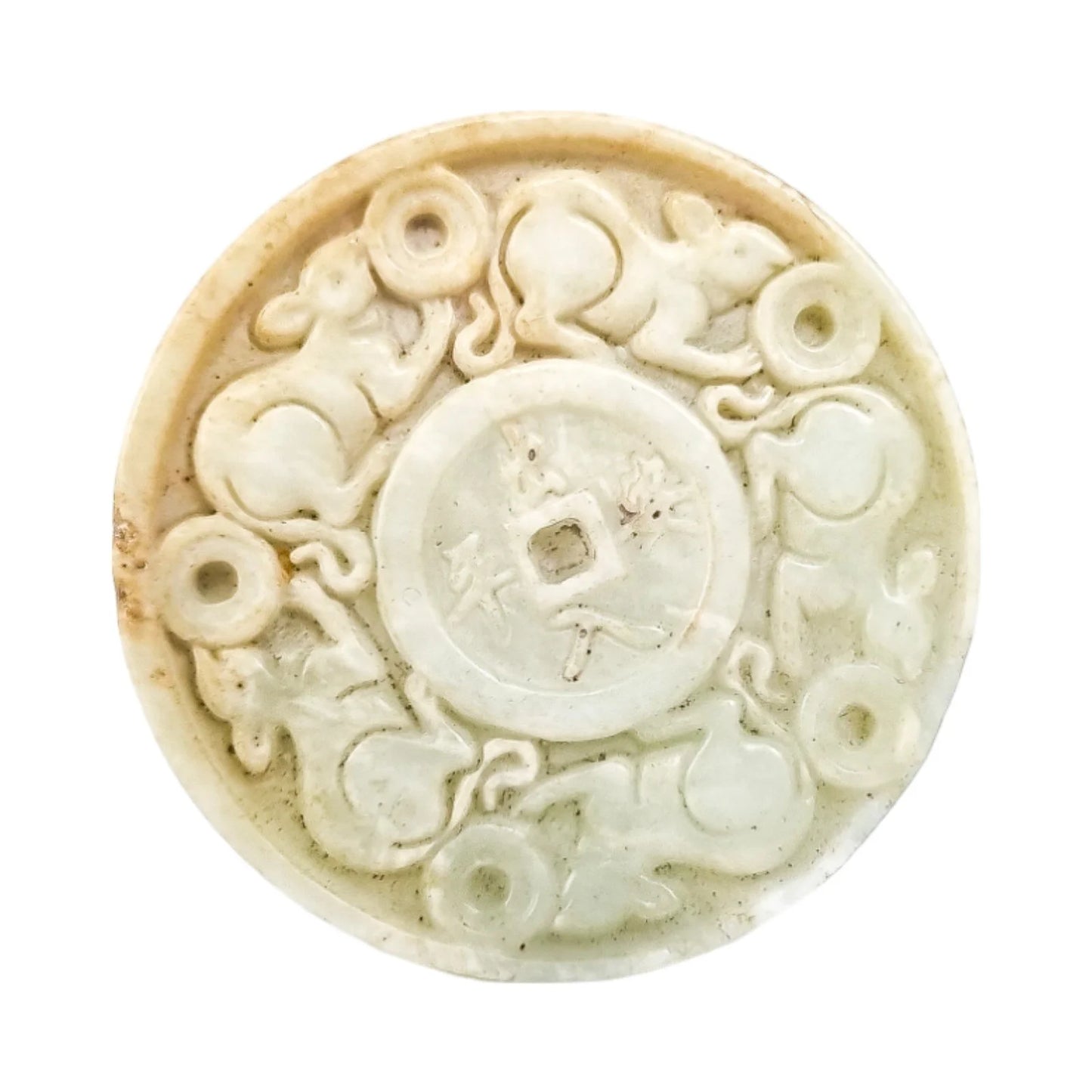 Chinese pale jade carved roundel depicting mice in pursuit