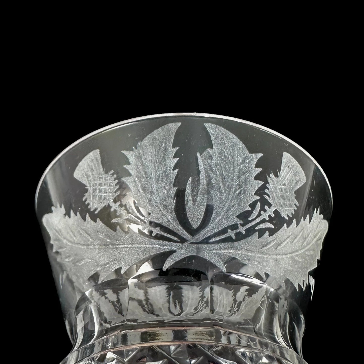 Victorian Edinburgh crystal 'Thistle' decanter set, 2 cordial glasses