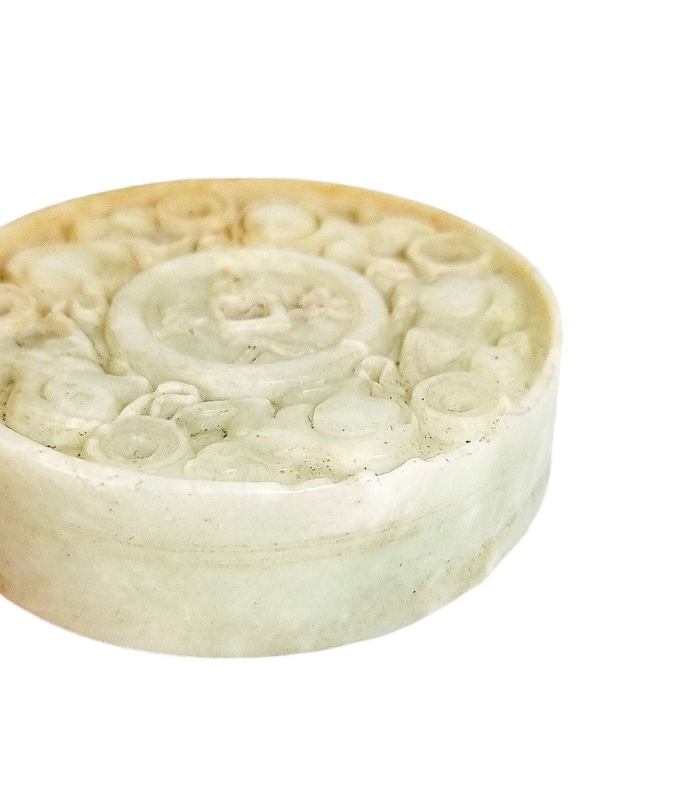 Chinese pale jade carved roundel depicting mice in pursuit