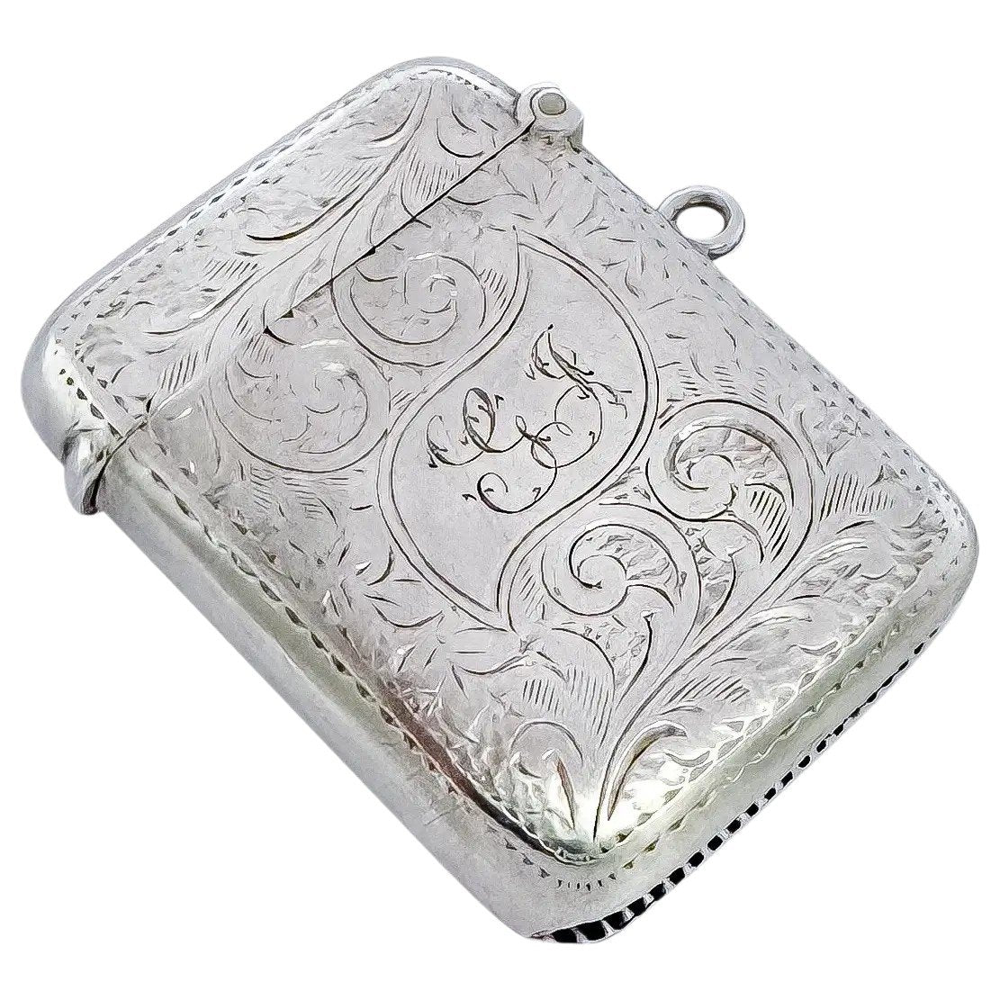 Sterling silver Edwardian vesta case engraved with Art Nouveau scrolling foliage
