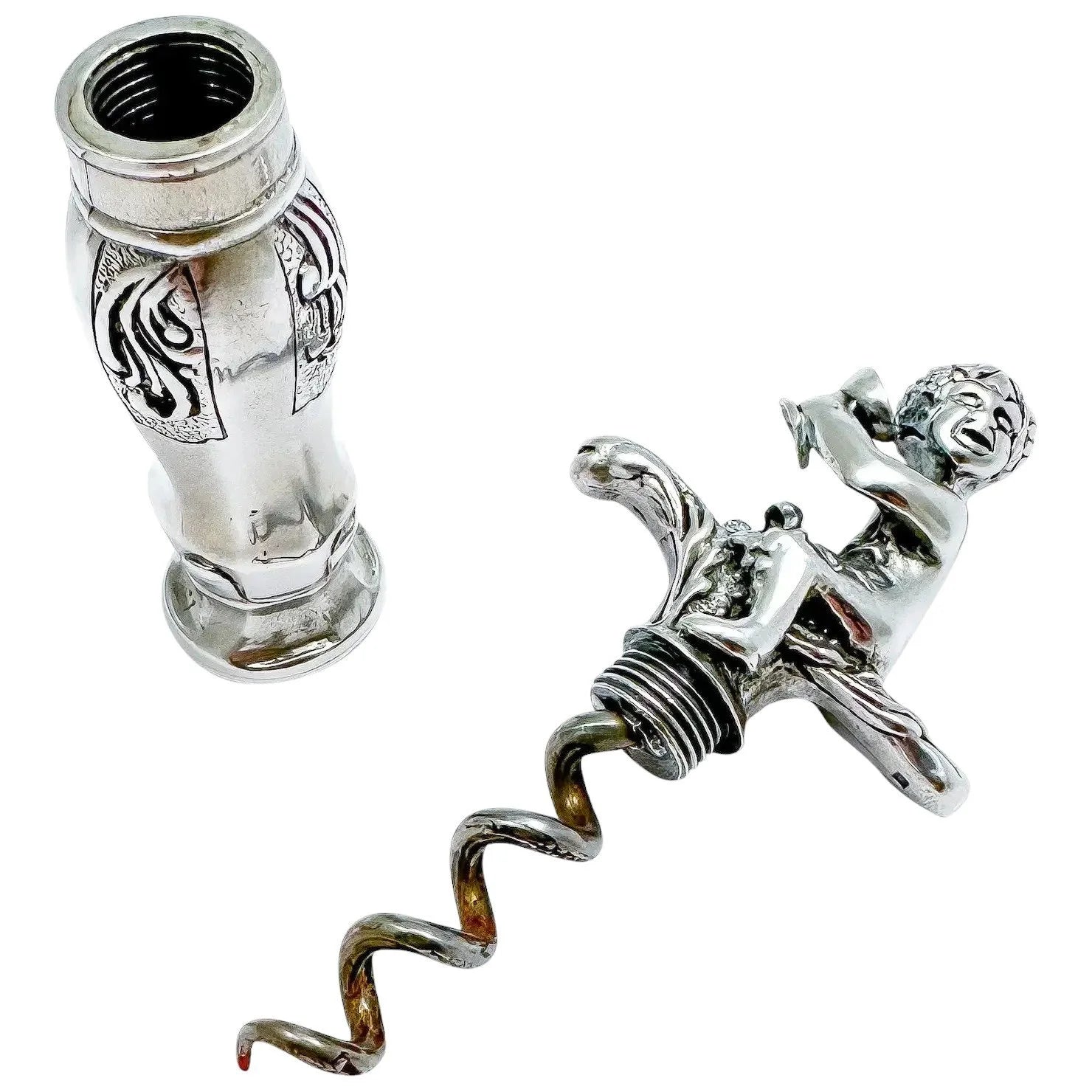 Large Dutch solid silver figural corkscrew of Bacchus / Cupid drinking wine