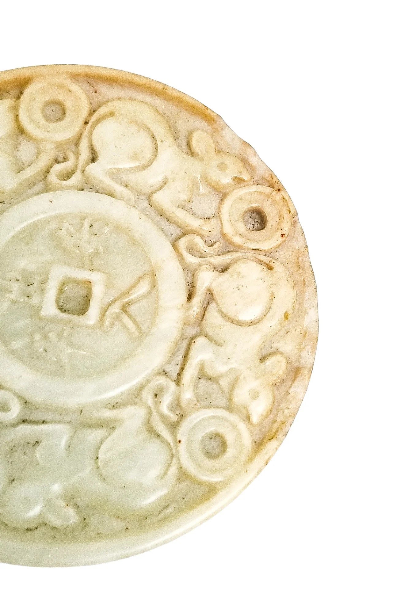Chinese pale jade carved roundel depicting mice in pursuit